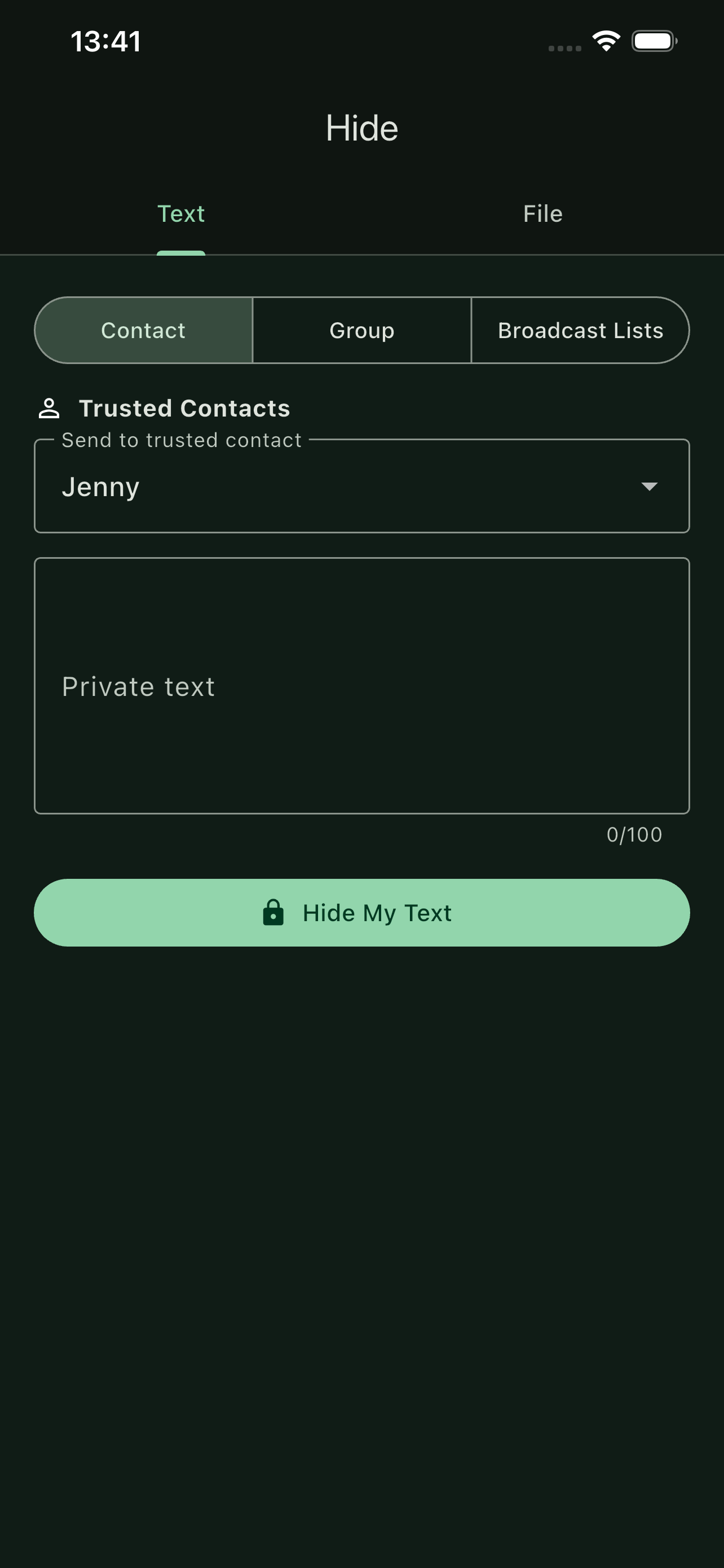 Hide My Text screen for choosing a verified destination and protecting private text