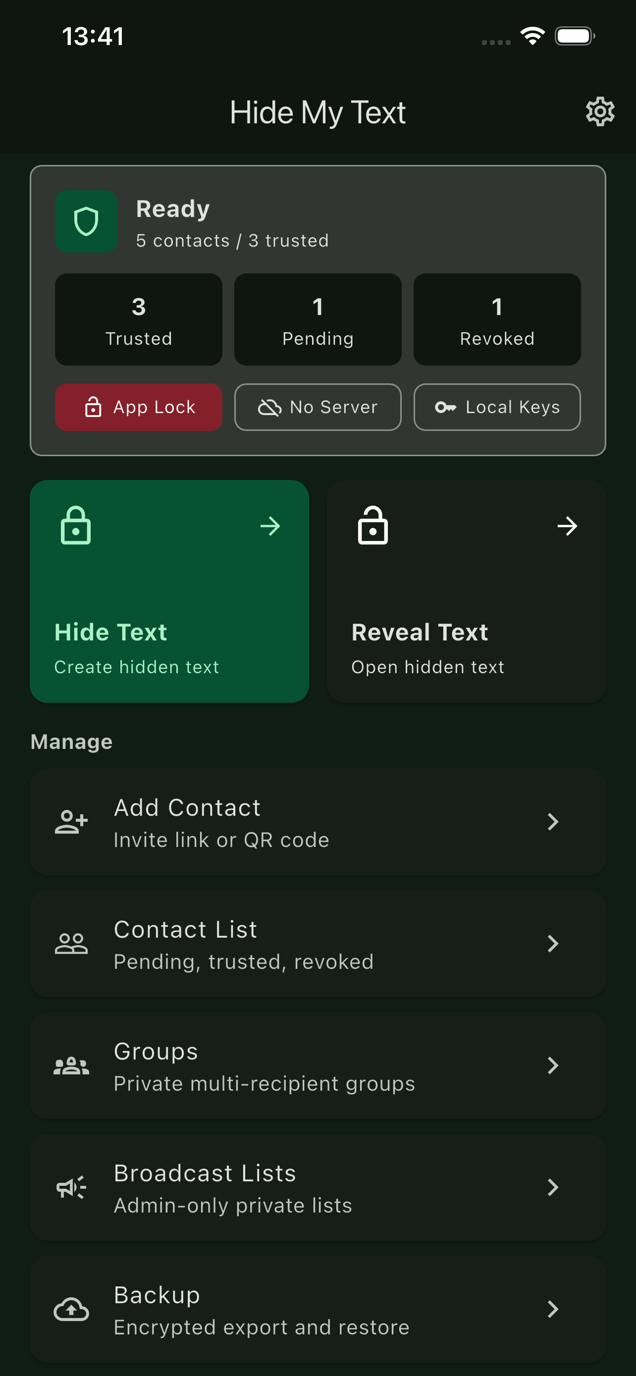Hide My Text home screen on iPhone showing local privacy controls and protected sharing actions